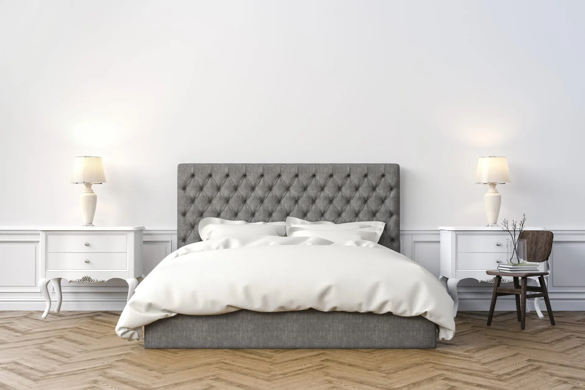 Chatsworth - Wall mounted upholstered, luxury headboard with custom upholstered wall panels - Custom luxury, upholstered beds with high end, bedroom textiles | Blend Home Furnishings