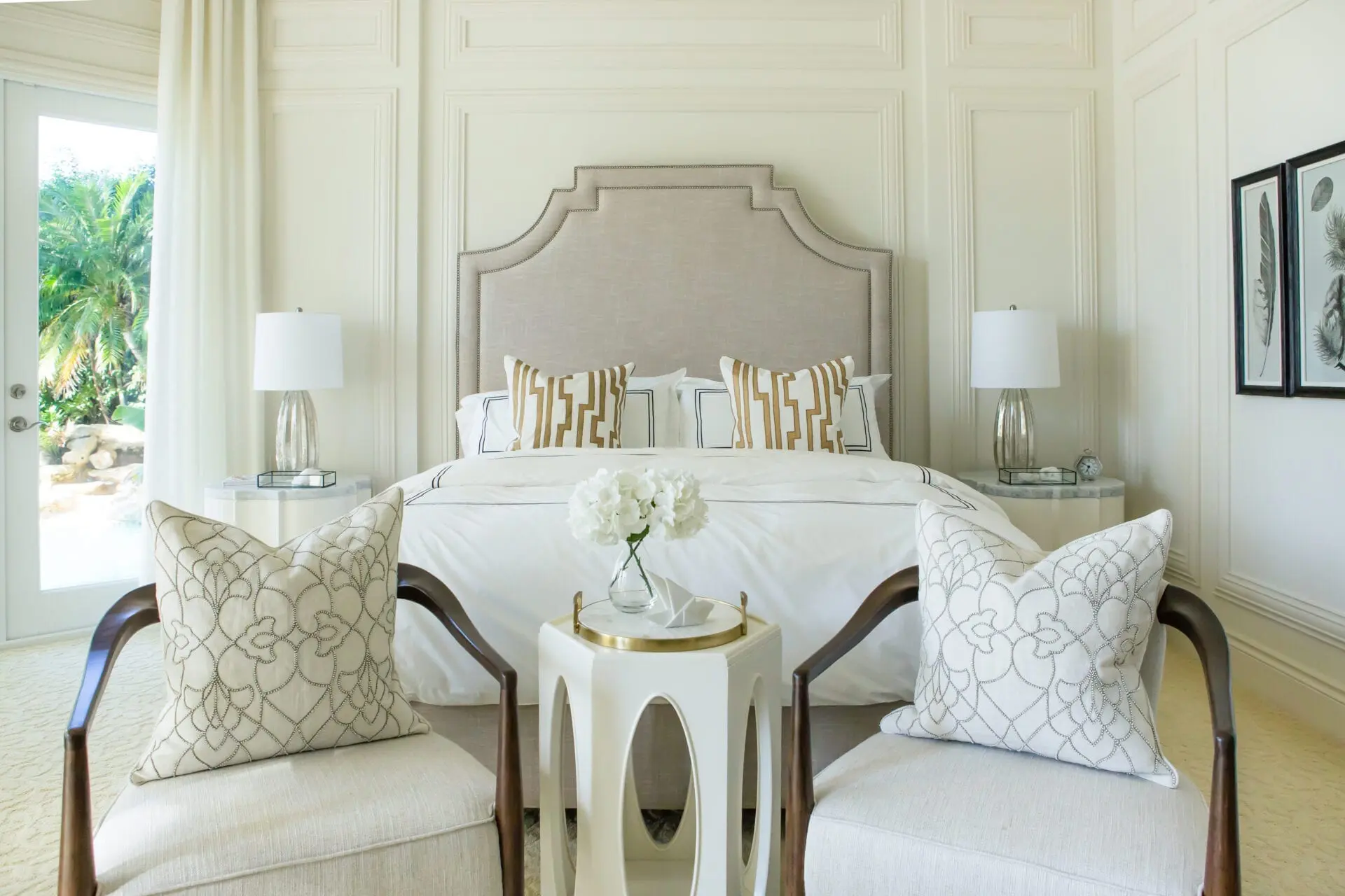 Pacific Palisades - Wall mounted upholstered, luxury headboard with custom upholstered wall panels - Custom luxury, upholstered beds with high end, bedroom textiles | Blend Home Furnishings