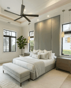 custom upholstered beds with wall panels