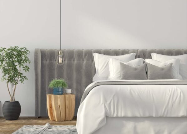 Moxy Interior - Wall mounted upholstered, luxury headboard with custom upholstered wall panels - Custom luxury, upholstered beds with high end, bedroom textiles | Blend Home Furnishings